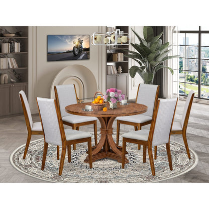 7-Pc Dining Room Set Of A Pedestal Kitchen Table, 6 Grey Fabric Dinner Chairs