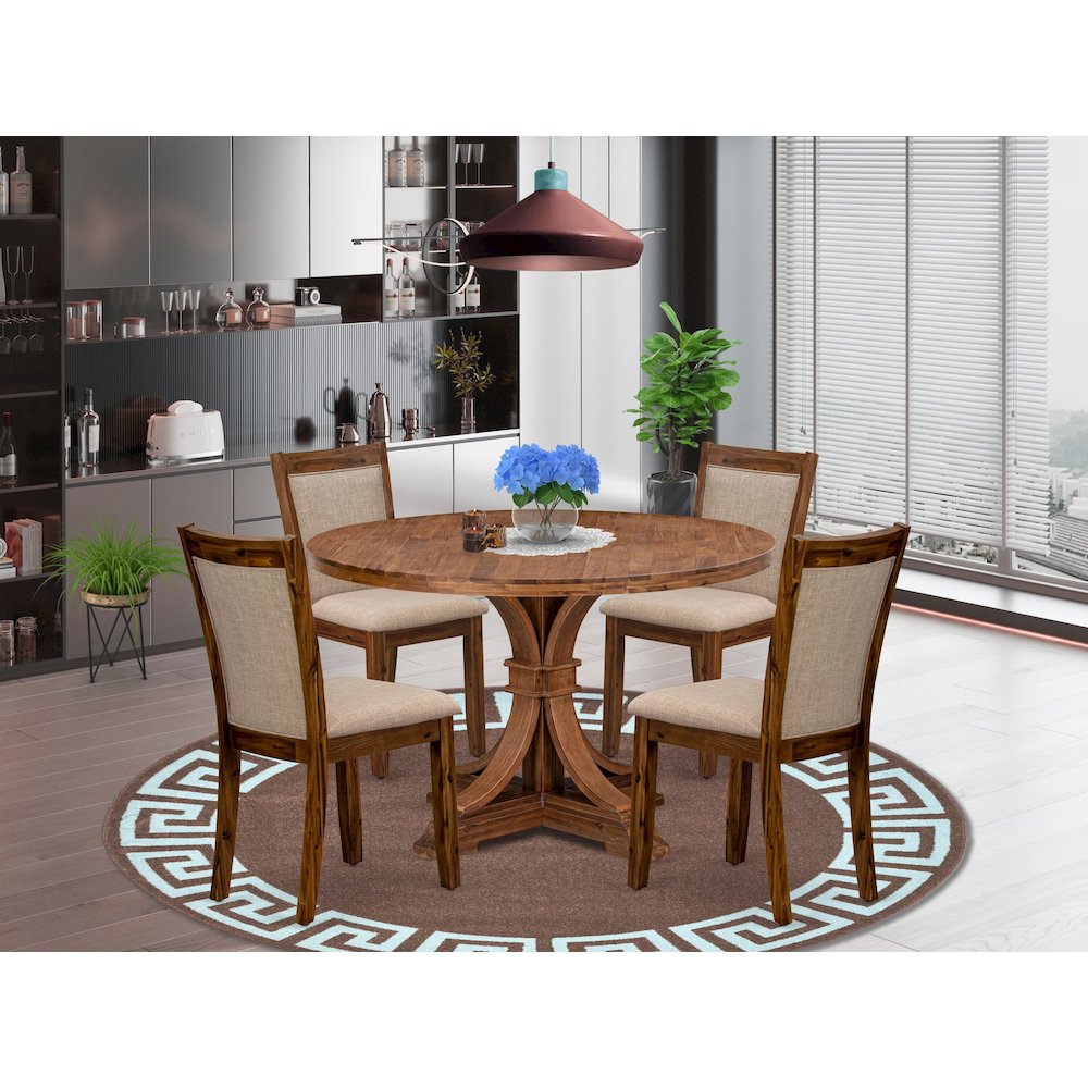 5-Pc Kitchen Set A Pedestal Dining Table, 4 Light Tan Linen Fabric Padded Chairs