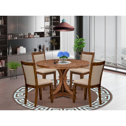 5-Pc Kitchen Set A Pedestal Dining Table, 4 Light Tan Linen Fabric Padded Chairs