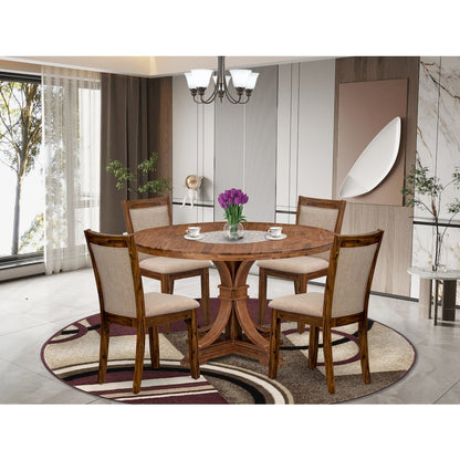 5-Pc Dining Room Set A Pedestal Round Table, 4 Light Tan Fabric Padded Chairs