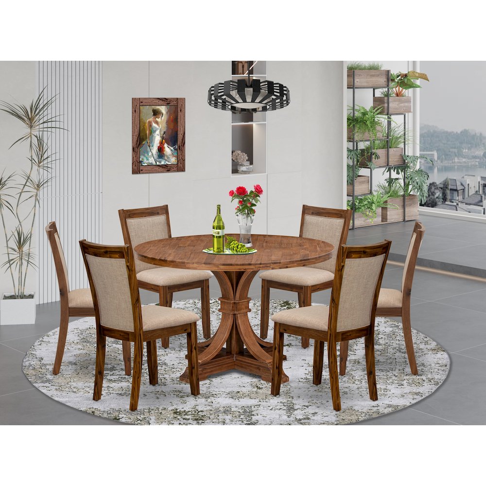 7-Pc Dining Room Set Of A Pedestal Dining Table, 6 Light Tan Parson Chairs