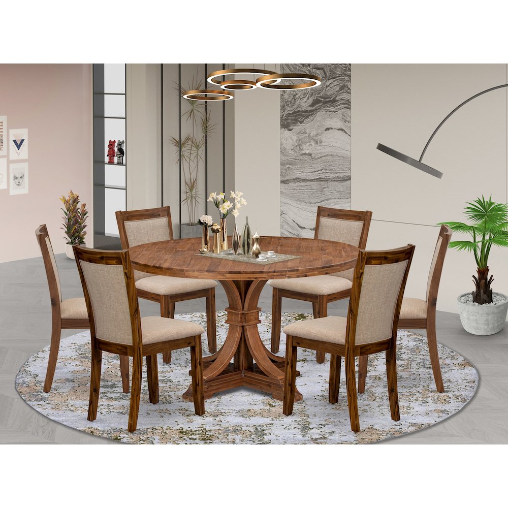 7-Pc Dining Set Of A Pedestal Dining Table, 6 Light Tan Fabric Dining Chairs