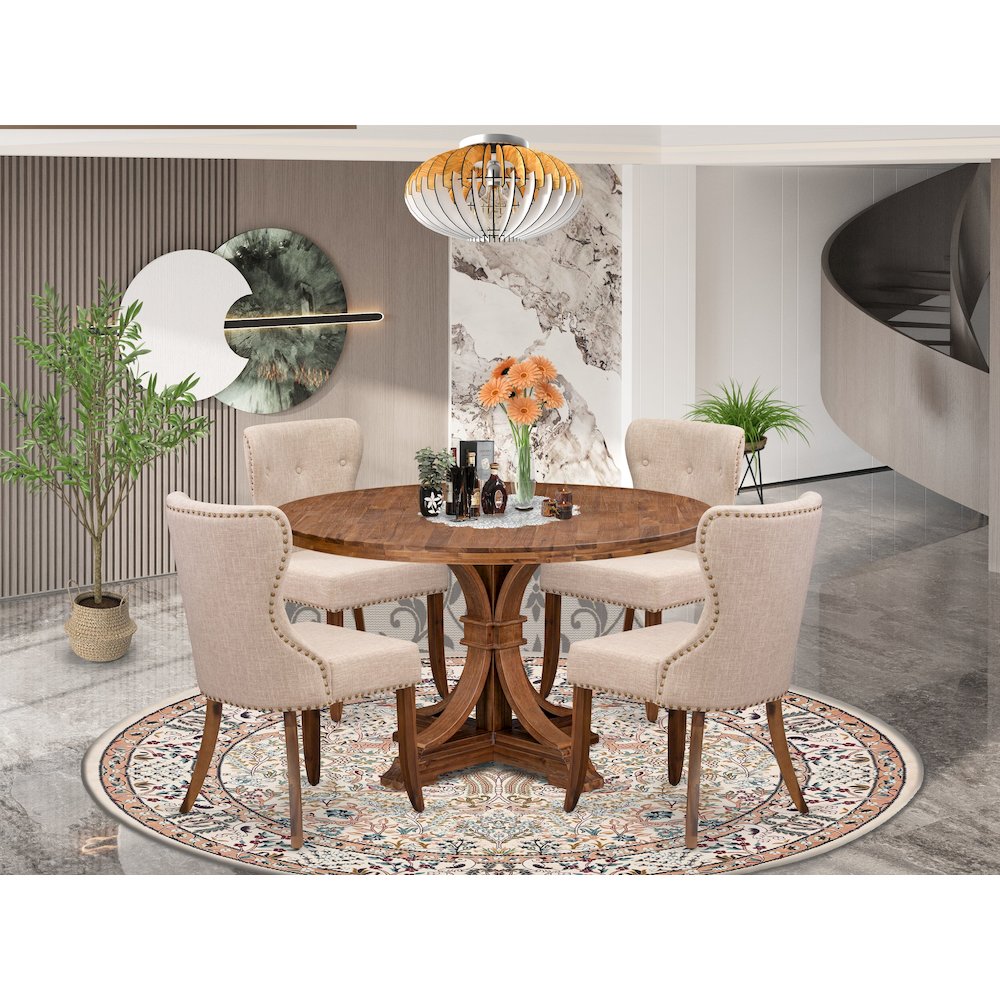 5-Pc Dining Set Of A Pedestal Kitchen Table, 4 Light Tan Fabric Kitchen Chairs