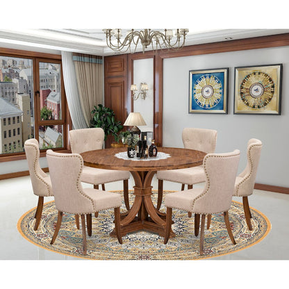 7-Pc Kitchen Table Set A Pedestal Table, 6 Light Tan Linen Fabric Parson Chairs