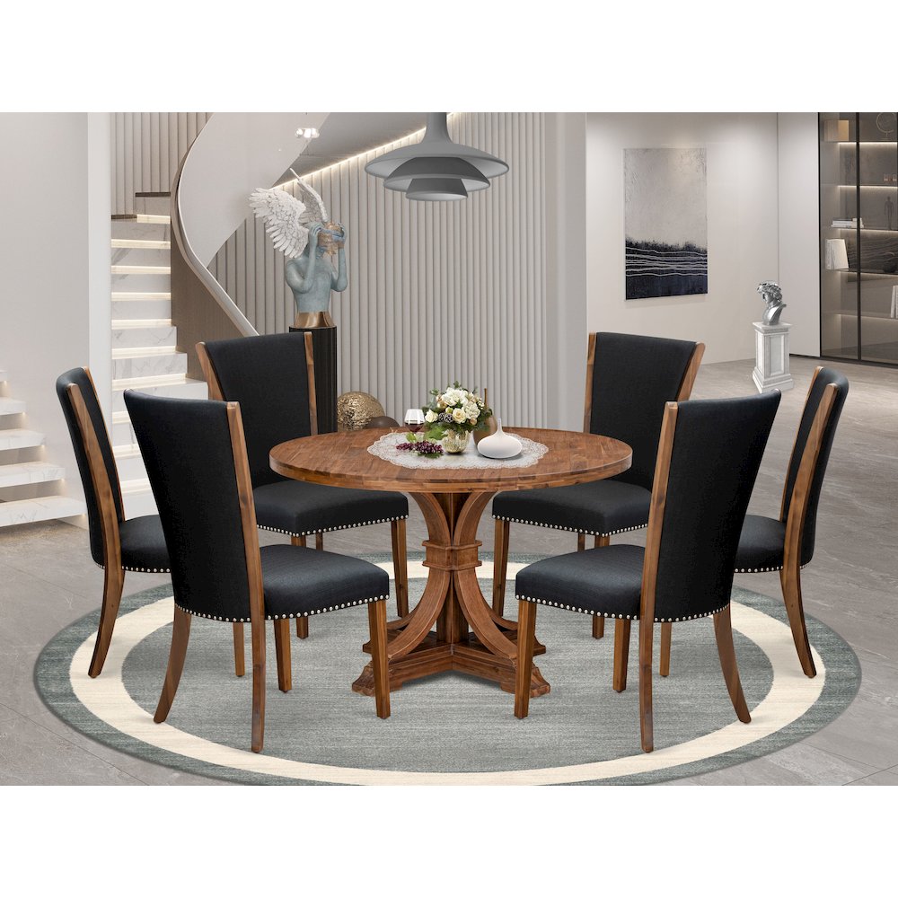 7 Piece Dining Set For 6 Consists Of 48" Round Table In Black Color