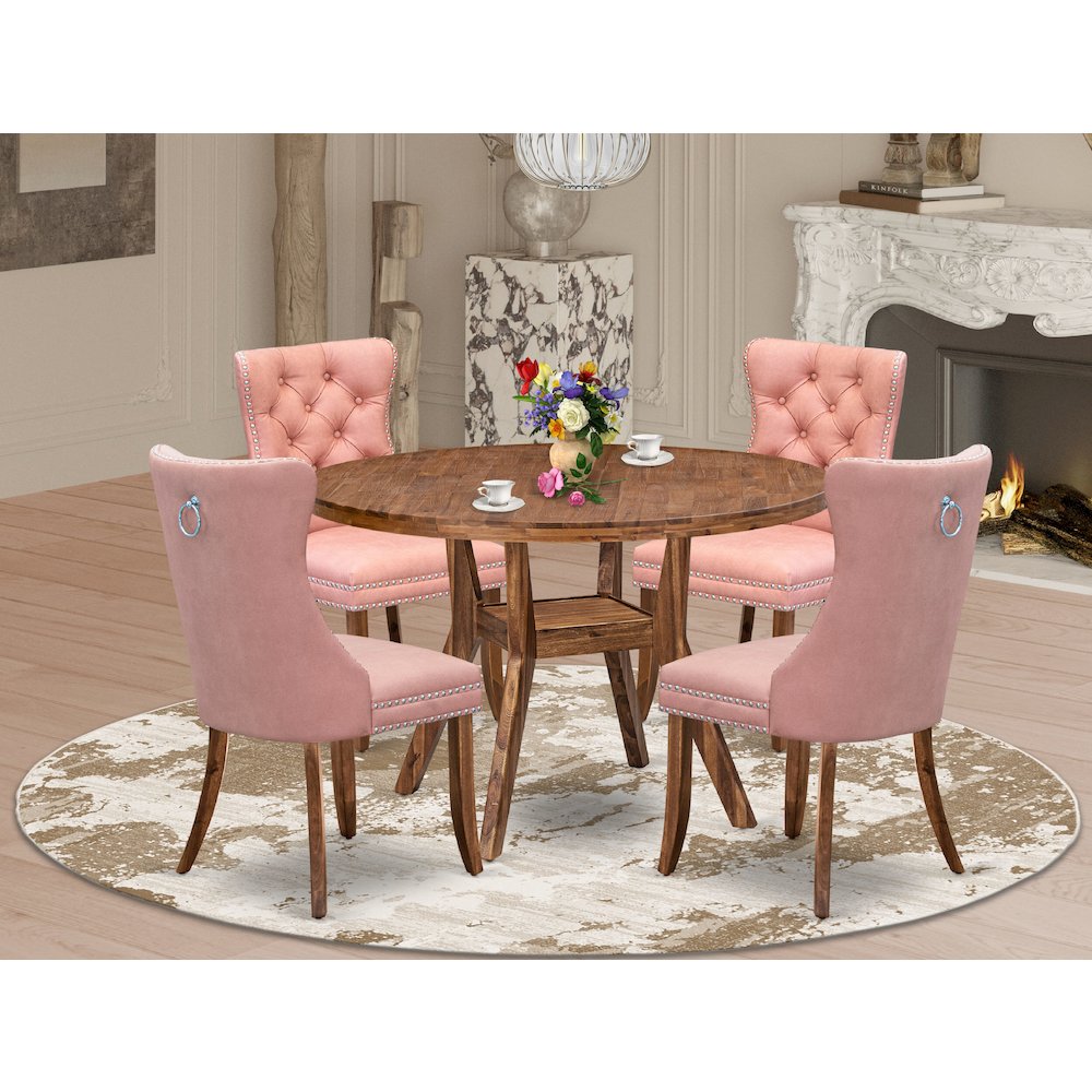 5-Pc Dinner Table Set Contain A Wooden Table And 4 Beige Red Upholstered Chairs