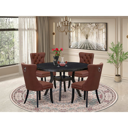 5 Piece Dining Table Set Consists Of 54" Round Table In Burgandy Color