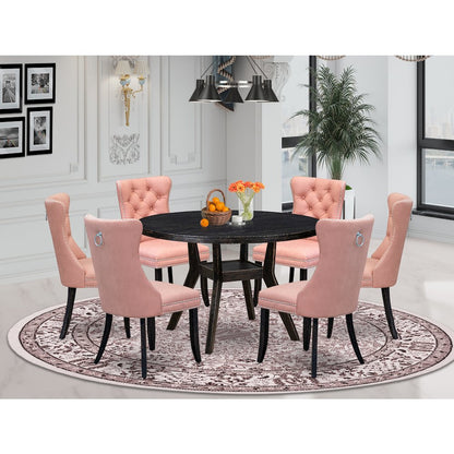 7 Piece Dining Set Contains 48" Round Kitchen Table In Beige Red Color