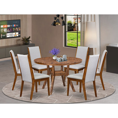 7-Pc Modern Dining Set Of A Pedestal Dinner Table, 6 Grey Fabric Dinner Chairs