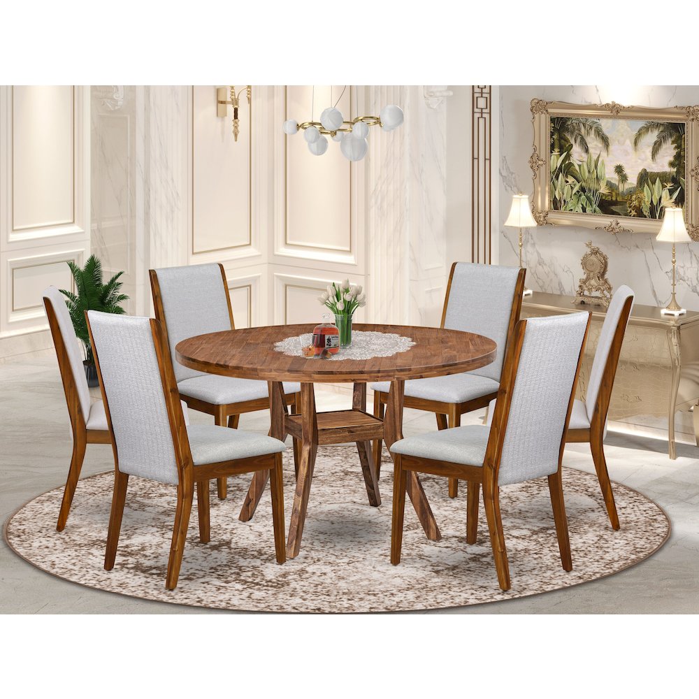 7-Pc Dining Set Of A Pedestal Dinner Table, 6 Grey Linen Fabric Padded Chairs