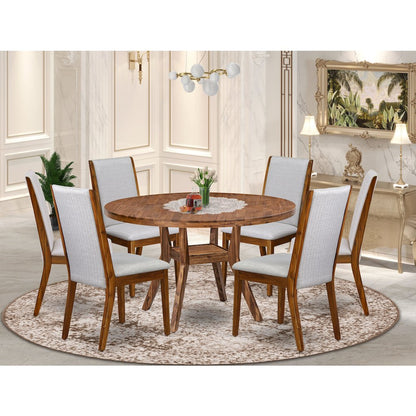 7-Pc Dining Set Of A Pedestal Dinner Table, 6 Grey Linen Fabric Padded Chairs