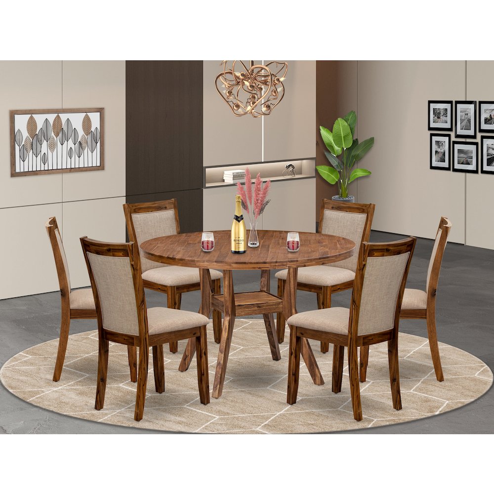 7-Pc Kitchen Set Of A Pedestal Breakfast Table, 6 Light Tan Fabric Padded Chairs