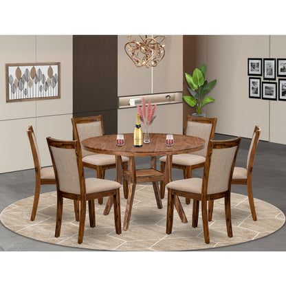 7-Pc Kitchen Set Of A Pedestal Breakfast Table, 6 Light Tan Fabric Padded Chairs