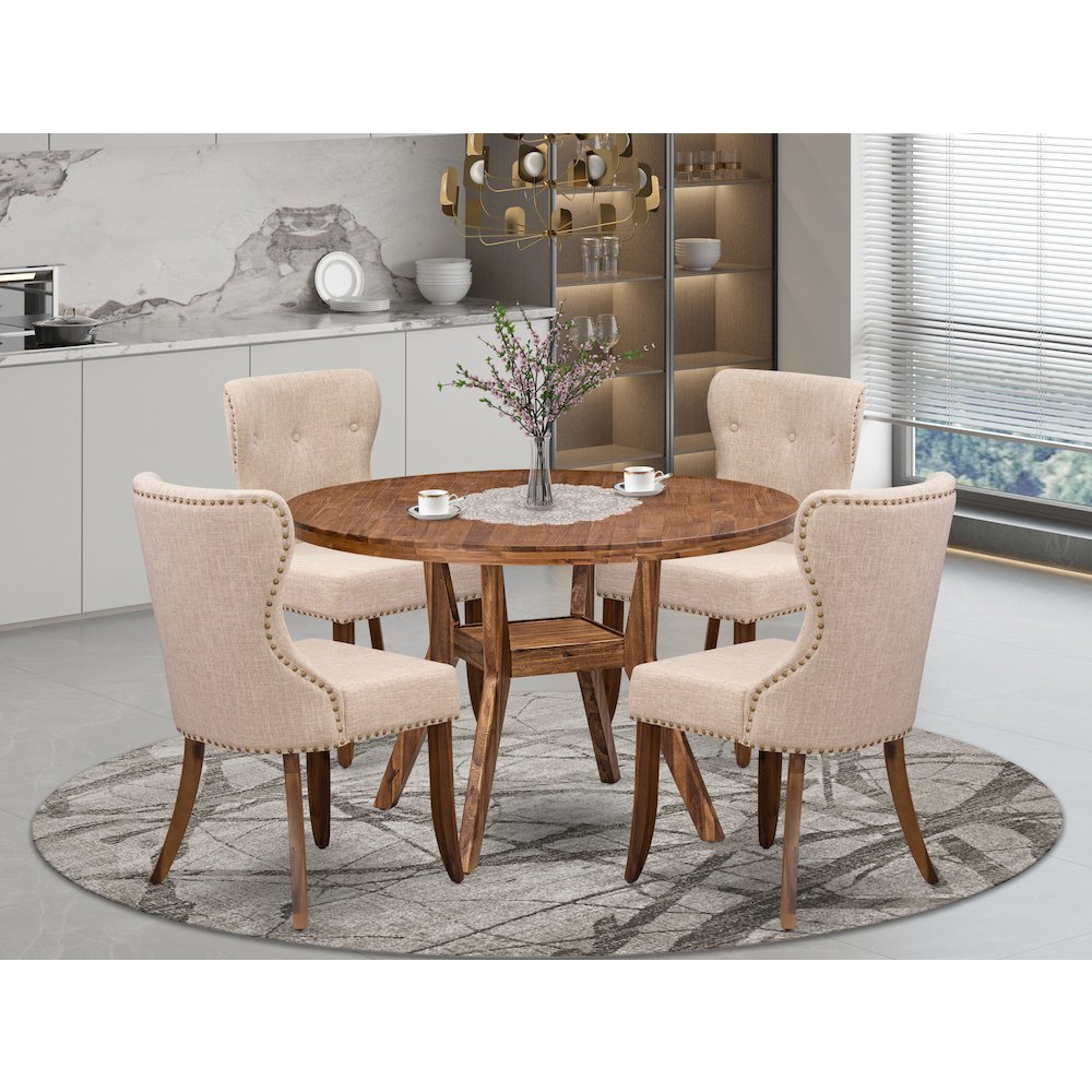 5 Piece Dining Set Consists Of 48" Round Kitchen Table In Light Tan Color