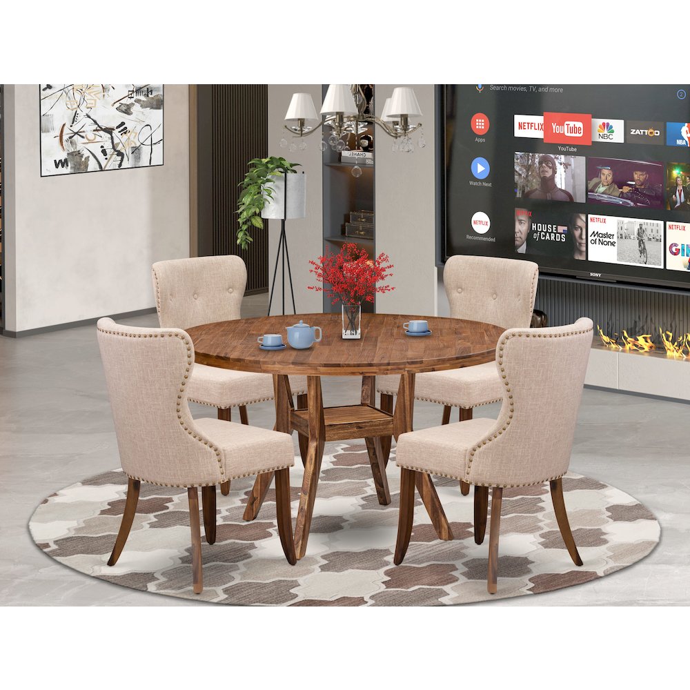 5 Piece Dinette Set For 4 Includes 54" Round Table In Light Tan Color