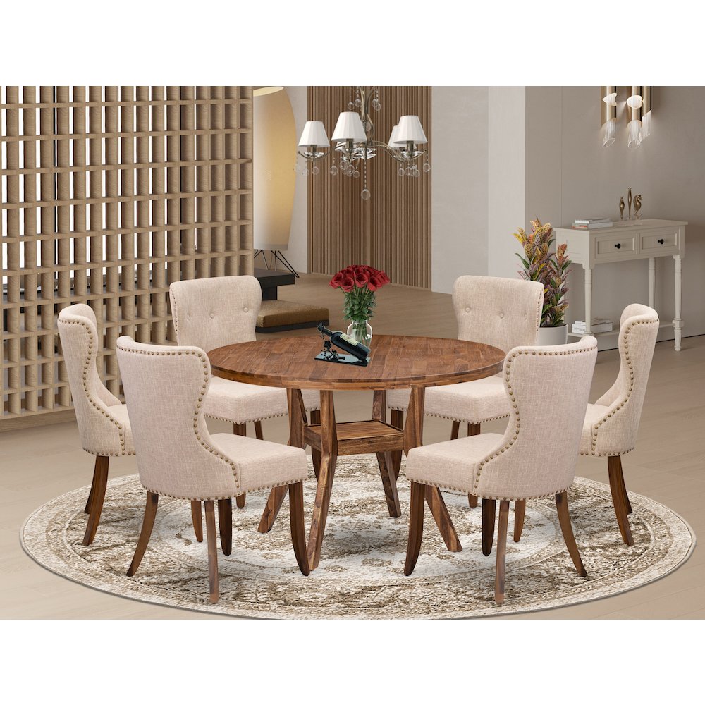 7 Piece Dining Set For 6 Contains 48" Round Table In Light Tan Color