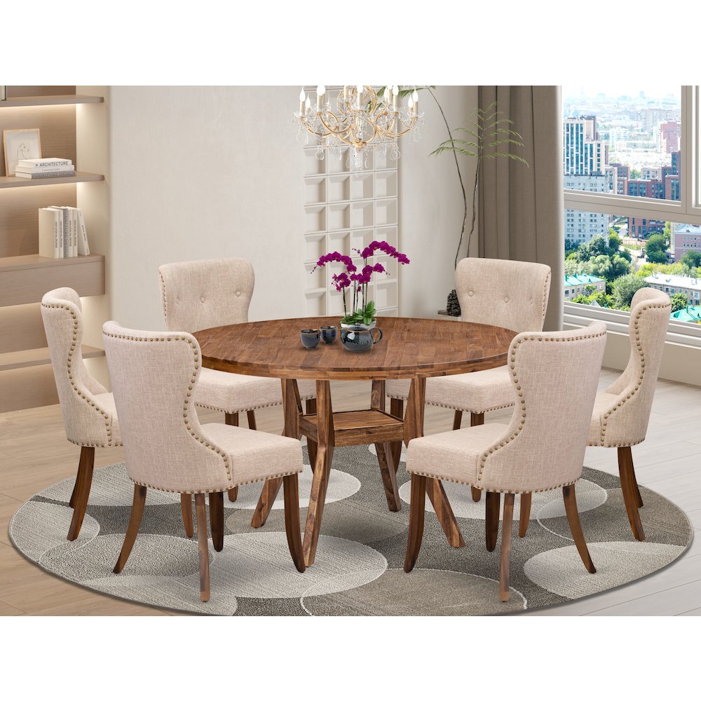 7 Piece Dining Set Consists Of 54" Round Kitchen Table In Light Tan Color