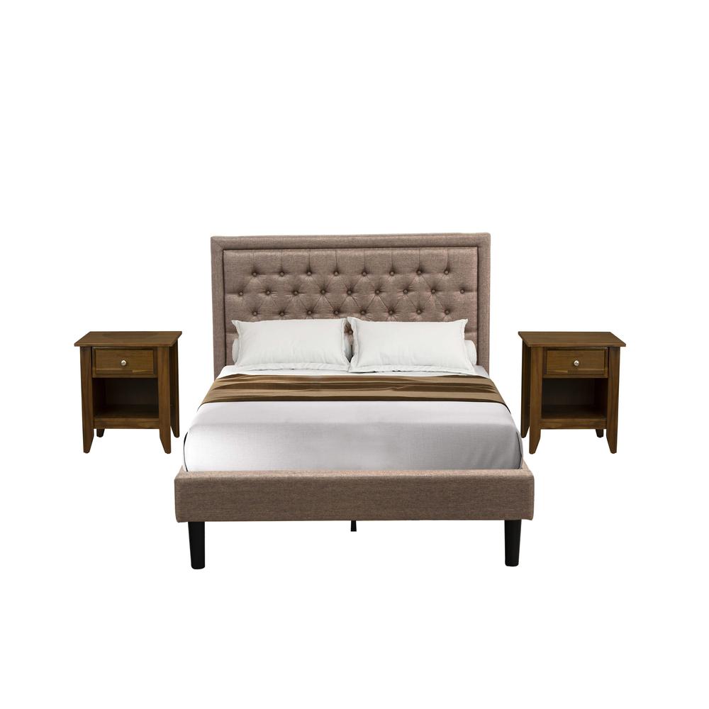 KD16F-2GA08 3 Piece Bedroom Set - Platform Bed Dark Khaki Headboard with 2 nightstands - Black Finish Legs