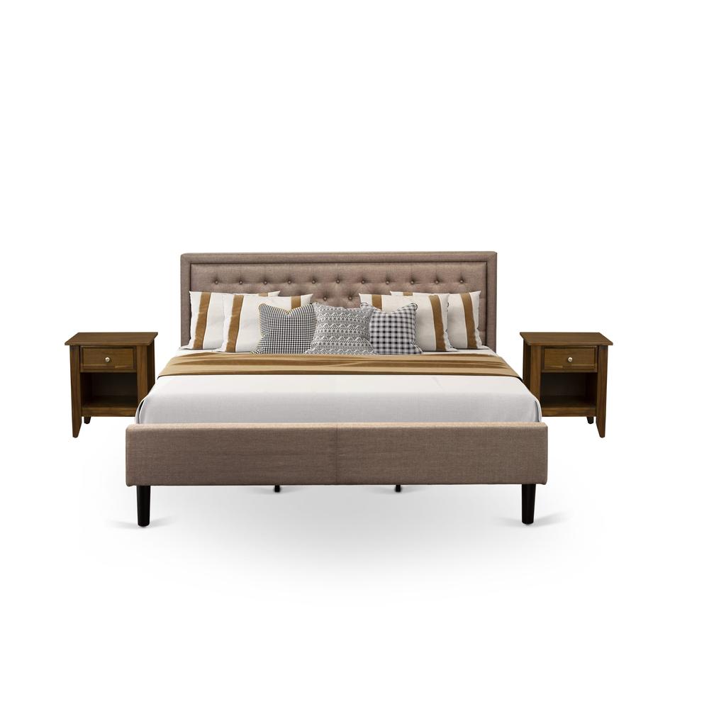 KD16K-2GA08 3 Piece Bedroom Set - Platform Bed Dark Khaki Headboard with 2 nightstands - Black Finish Legs