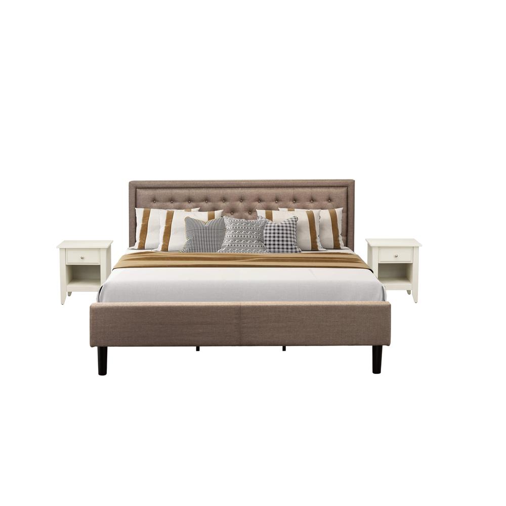 KD16K-2GA0C 3 Piece Bed Set - King Bed Dark Khaki Headboard with 2 Mid Century Nightstand - Black Finish Legs