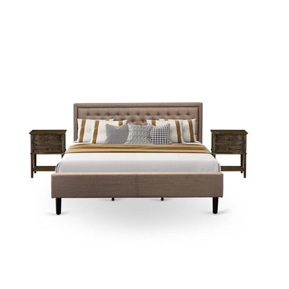 KD16K-2VL07 3 Pc Bed Set - Platform Bed Dark Khaki Headboard with 2 Bedroom Nightstand - Black Finish Legs