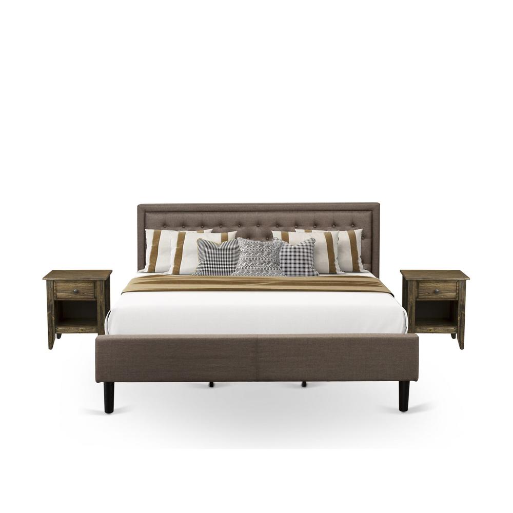 KD18K-2GA07 3 Piece King Bed Set - Wooden Bed Frame Brown Headboard with 2 Night Stands - Black Finish Legs