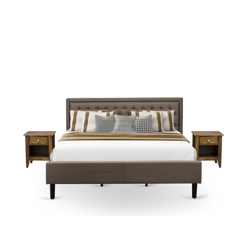 KD18K-2GA08 3 Piece Bedroom Set - King Platform Bed Brown Headboard with 2 Night Stand - Black Finish Legs