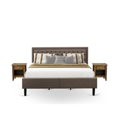 KD18K-2GA08 3 Piece Bedroom Set - King Platform Bed Brown Headboard with 2 Night Stand - Black Finish Legs