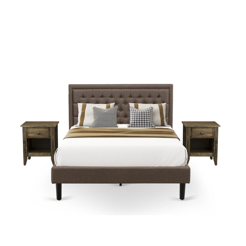KD18Q-2GA07 3 Pc Bed Set - Queen Size Bed Frame Brown Headboard with 2 Bedroom Nightstand - Black Finish Legs