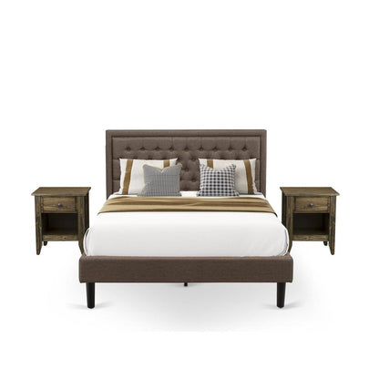 KD18Q-2GA07 3 Pc Bed Set - Queen Size Bed Frame Brown Headboard with 2 Bedroom Nightstand - Black Finish Legs