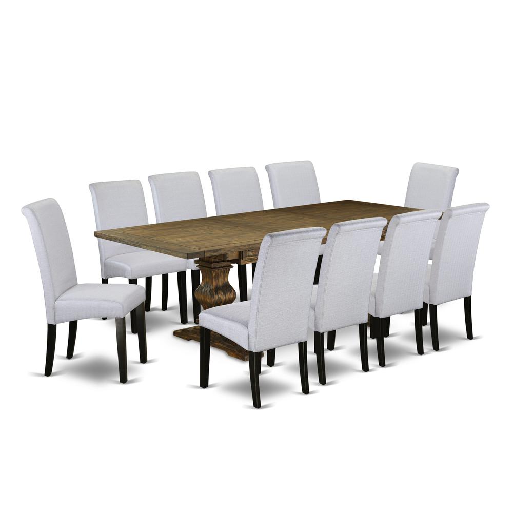 East West Furniture 11-Piece Dining Room Set Consists of a Rectangular Dining Table and 10 Grey Linen Fabric Padded Chairs with High Back - Distressed Jacobean Finish