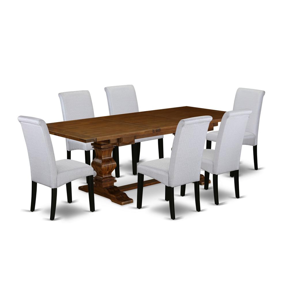 Lassale 7 Piece Set Consist of a Rectangle Kitchen Table with Removable Leaf and 6 Grey Linen Fabric Parson Dining Chairs, 42x92 Inch, LABA7-81-05
