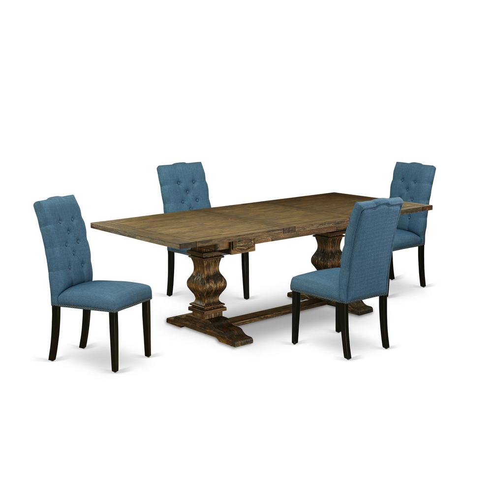 5 Piece Dining Room Table Set Includes a Rectangle Kitchen Table with Removable Leaf and 4 Blue Linen Fabric Parsons Dining Chairs, 42x92 Inch, Jacobean