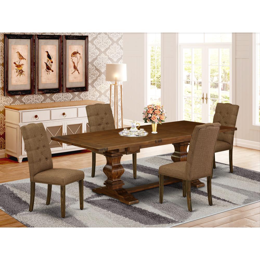 5 Piece Dining Set Includes a Rectangle Dining Room Table with Removable Leaf and 4 Brown Linen Linen Fabric Upholstered Chairs, 42x92 Inch, Walnut