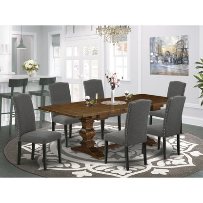 7-pc dining table set with Chair’s Legs and Dark Gotham Gray Linen Fabric