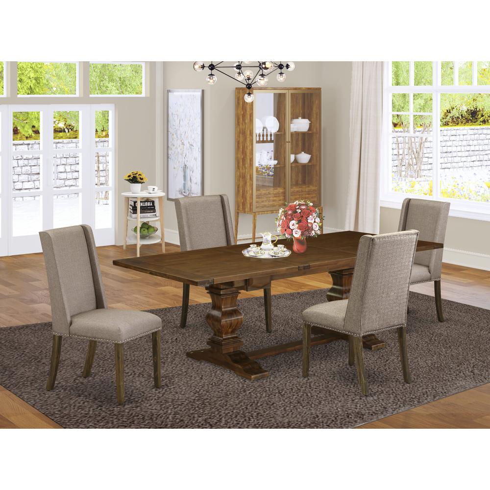 Lassale 5 Piece Dining Set Includes a Rectangle Kitchen Table with Butterfly Leaf and 4 Dark Khaki Linen Fabric Upholstered Chairs, 42x92 Inch, Walnut