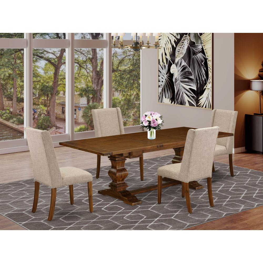 5 Piece Set Includes a Rectangle Dining Room Table with Butterfly Leaf and 4 Light Tan Linen Fabric Upholstered Chairs, 42x92 Inch, Walnut