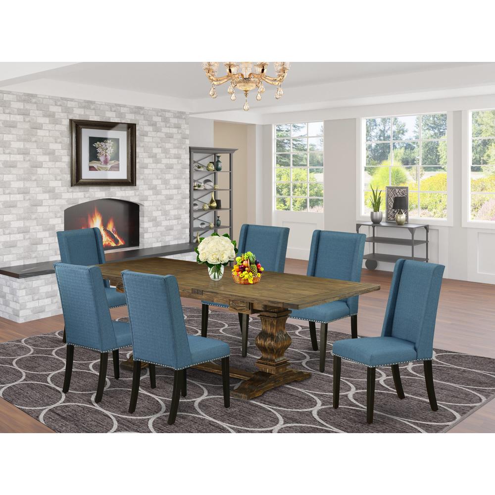 East West Furniture LAFL7-71-21 Lassale 7 Piece Dinette Set Consist of a Rectangle Room Table with Butterfly Leaf and 6 Blue Linen Fabric Parson Dining Chairs, 42x92 Inch, Jacobean