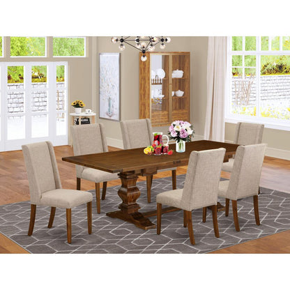 Lassale 7 Piece Kitchen Set Consist of a Rectangle Butterfly Leaf Dining Table and 6 Light Tan Linen Fabric Parson Chairs, 42x92 Inch, Walnut