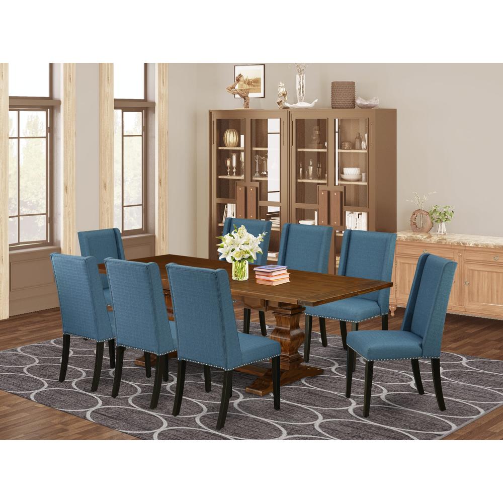 East West Furniture LAFL9-81-21 9 Piece Dining Table Set Includes a Rectangle Dining Room Table with Butterfly Leaf and 8 Blue Linen Fabric Parsons Chairs, 42x92 Inch, Walnut