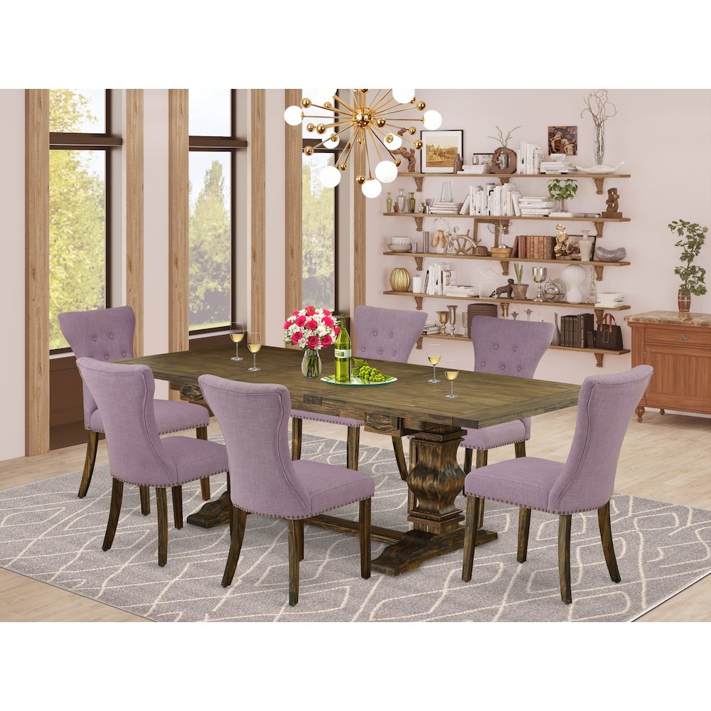 East West Furniture LAGA7-77-40 7 Piece Dining Set Consist of a Rectangle Dining Room Table with Removable Leaf and 6 Dahlia Linen Fabric Upholstered Chairs, 42x92 Inch, Jacobean
