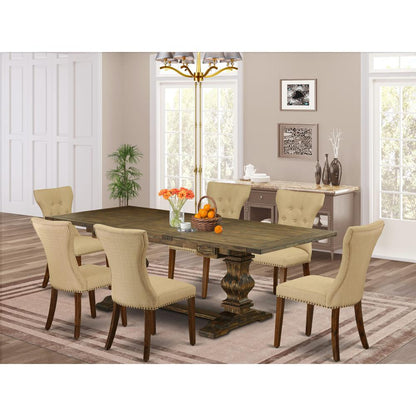 7-piece dining table set with Chair’s Legs and Brown Linen Fabric
