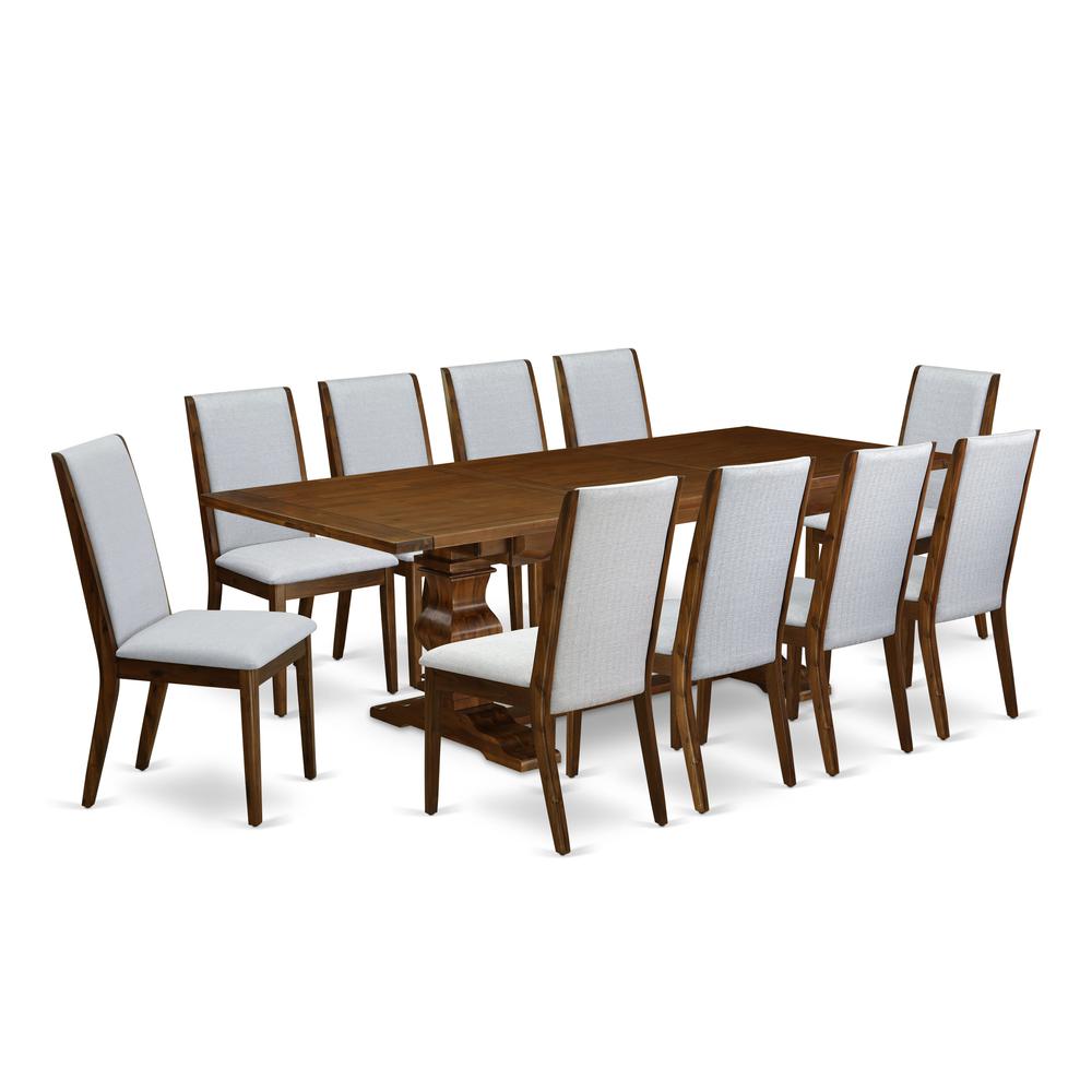 East West Furniture 11-Pieces Dining Room Set - A Butterfly Leaf Double Pedestal Dining Room Table and 10 Grey Linen Fabric Kitchen Chairs with High Back - Antique Walnut Finish