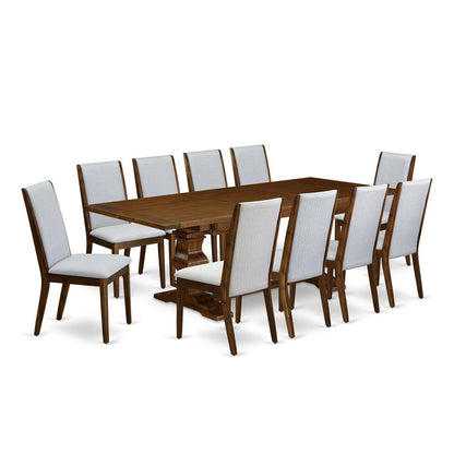 East West Furniture 11-Pieces Dining Room Set - A Butterfly Leaf Double Pedestal Dining Room Table and 10 Grey Linen Fabric Kitchen Chairs with High Back - Antique Walnut Finish
