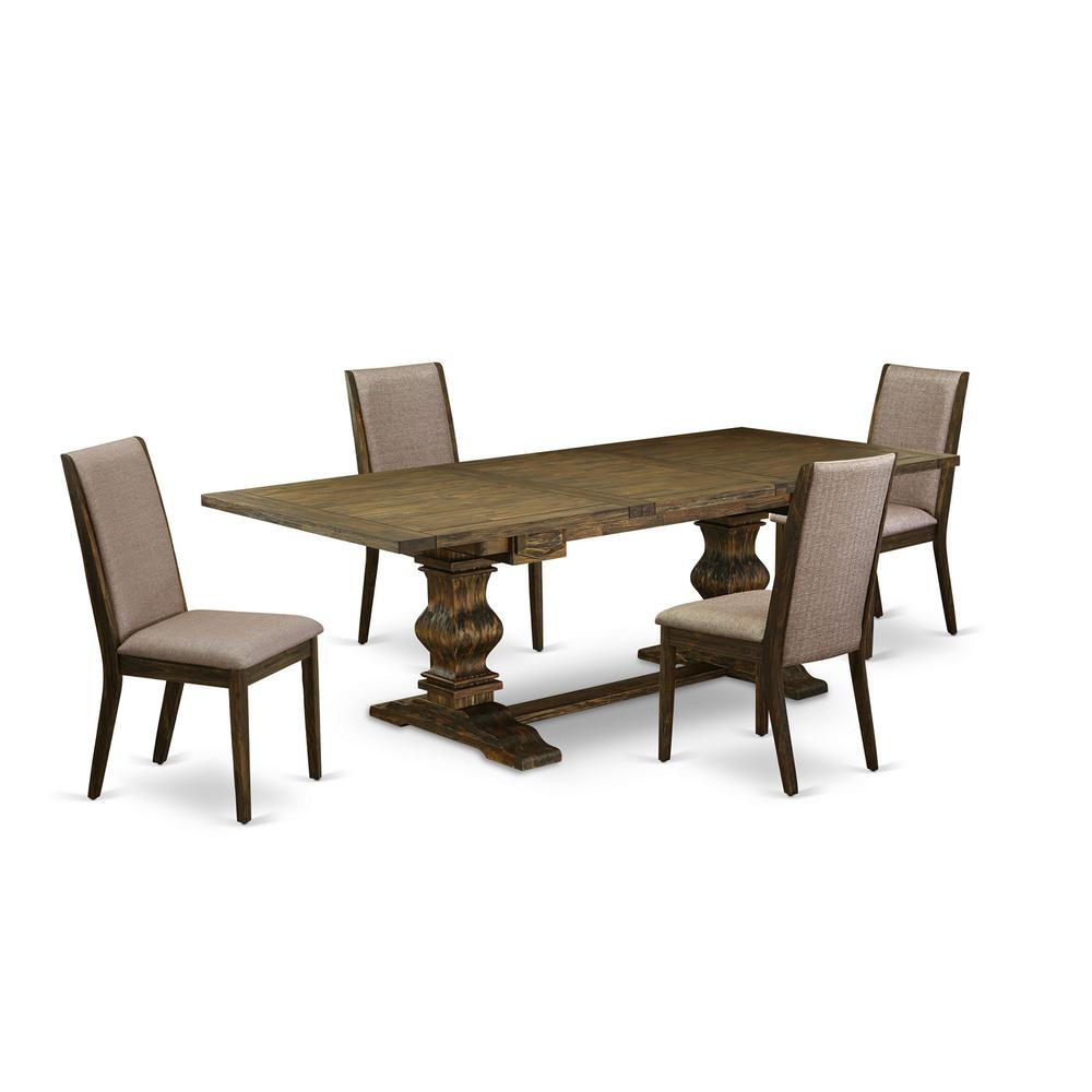 5 Piece Dining Room Table Set Includes a Rectangle Kitchen Table with Removable Leaf and 4 Dark Khaki Linen Fabric Parsons Chairs, 42x92 Inch, Jacobean