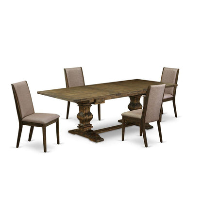 5 Piece Dining Room Table Set Includes a Rectangle Kitchen Table with Removable Leaf and 4 Dark Khaki Linen Fabric Parsons Chairs, 42x92 Inch, Jacobean