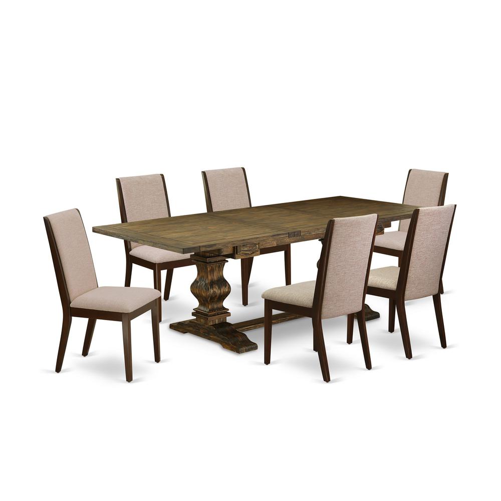 7 Piece Dining Set Consist of a Rectangle Dining Room Table with Removable Leaf and 6 Light Tan Linen Fabric Upholstered Chairs, 42x92 Inch, Jacobean