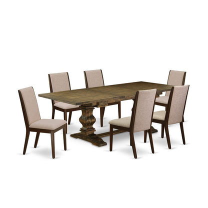 7 Piece Dining Set Consist of a Rectangle Dining Room Table with Removable Leaf and 6 Light Tan Linen Fabric Upholstered Chairs, 42x92 Inch, Jacobean