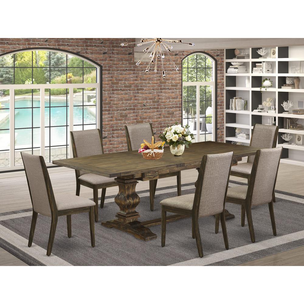 East West Furniture LALA7-77-16 7 Piece Dining Set Consist of a Rectangle Dining Room Table with Removable Leaf and 6 Dark Khaki Linen Fabric Upholstered Chairs, 42x92 Inch, Jacobean