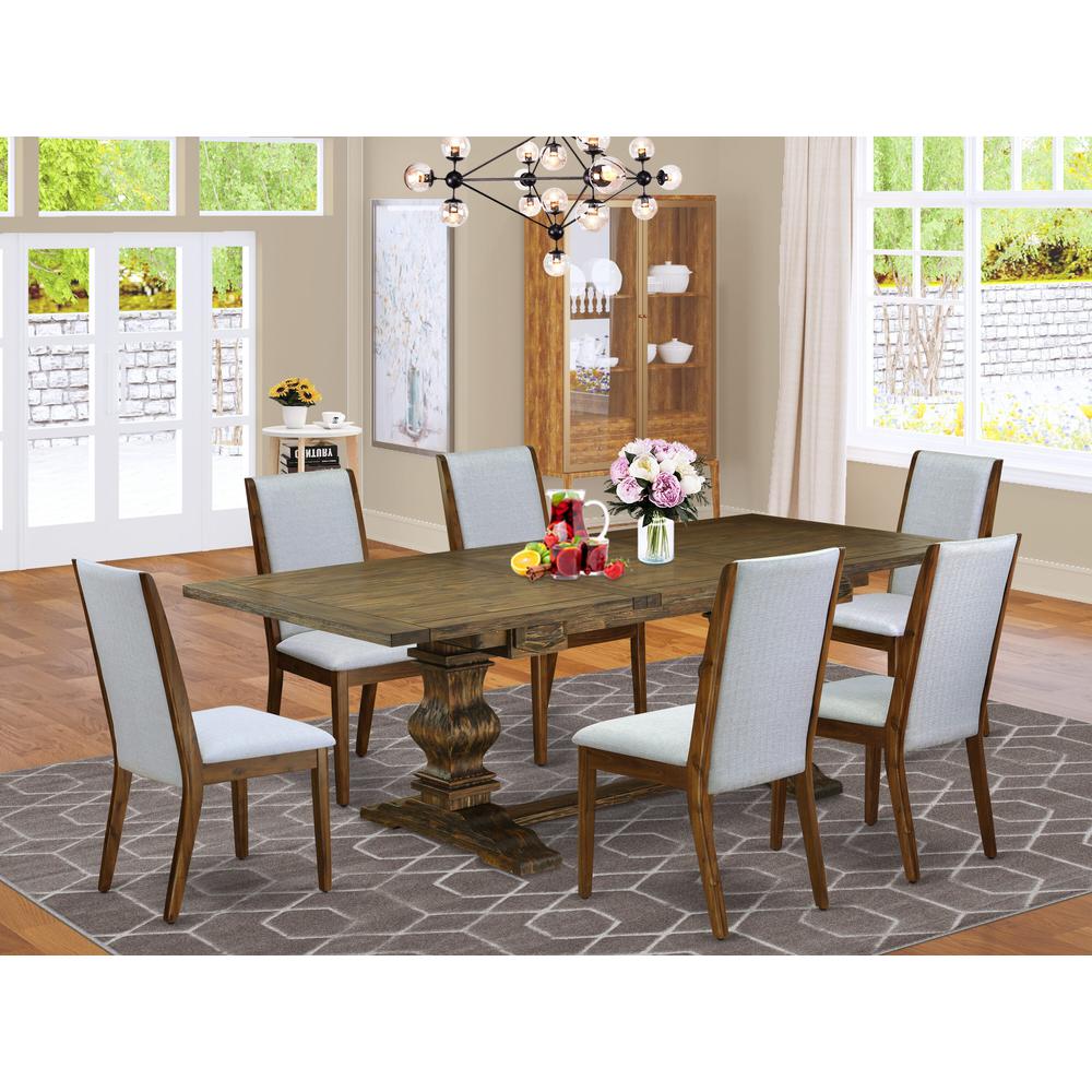 7 Piece Dining Set Consist of a Rectangle Dining Room Table with Removable Leaf and 6 Grey Linen Fabric Upholstered Chairs, 42x92 Inch, Jacobean